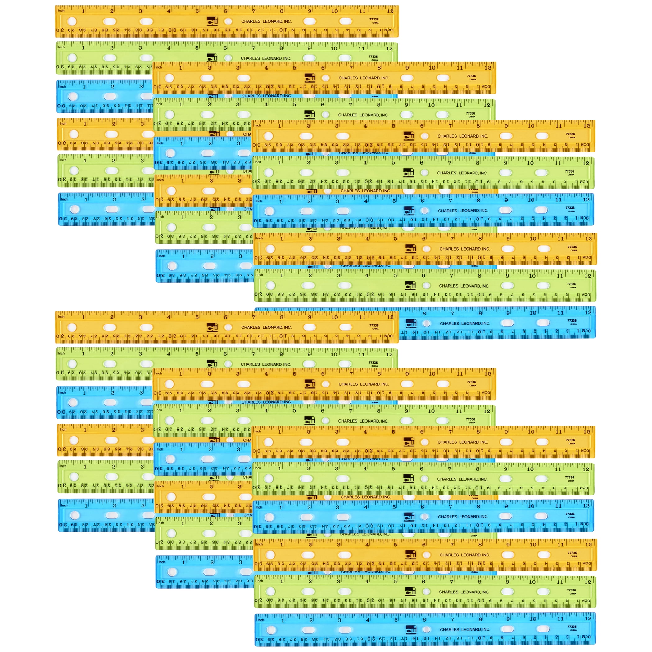 Charles Leonard Translucent Plastic Ruler, 12-Inch, Assorted Colors, Pack of 36