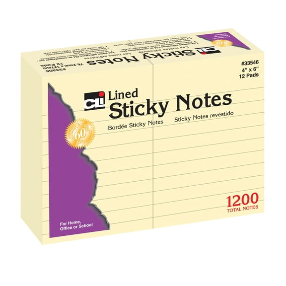Charles Leonard Sticky Notes, 4" x 6" Lined, 12 Pads