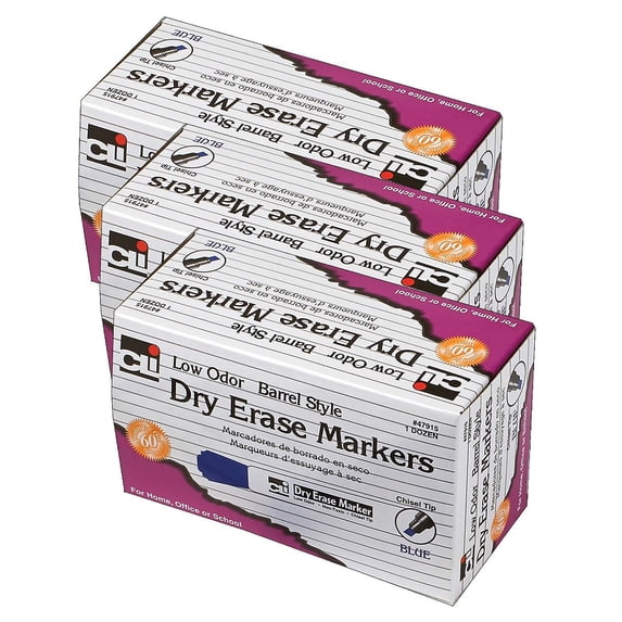 Charles Leonard CHL47915-3 12 Count Blue Chisel Tip Dry Erase Markers Barrel Style - Box of 3