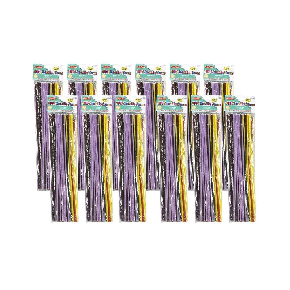 Charles Leonard Creative Arts Chenille Stems, 4 mm/12", Assorted Colors, 100 Per Pack, 12 Packs