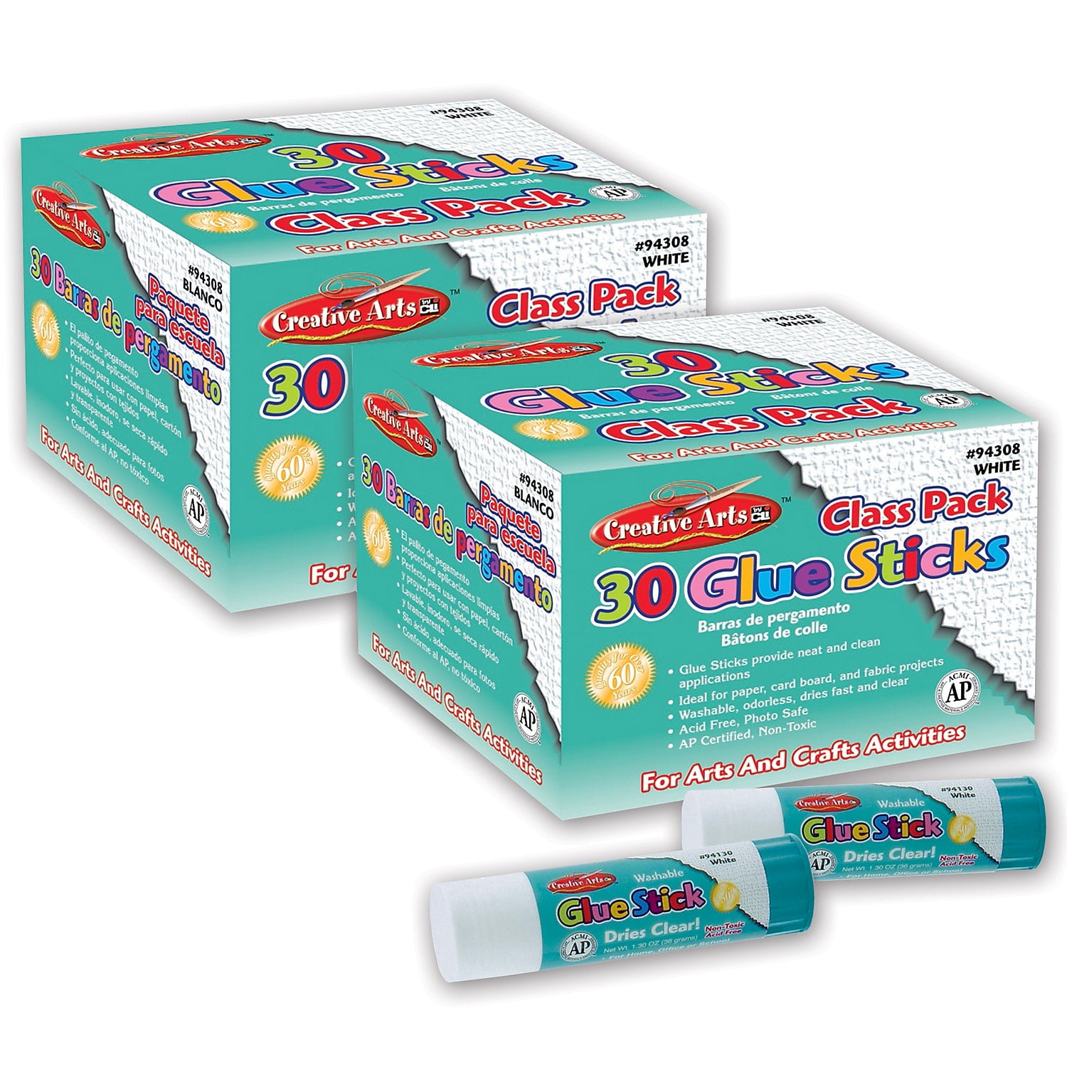 Charles Leonard Creative Arts Economy Glue Stick Classpack, .28 oz., Clear, 30 Per Pack, 2 Packs