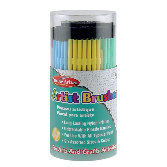Charles Leonard Creative Arts Plastic Artist Brushes, Assorted Colors, 144 Per Tub