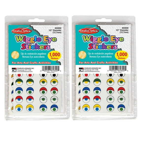 Charles Leonard Creative Arts Wiggle Eyes Stickers, Assorted Colors, 1000 Per Pack, 2 Packs