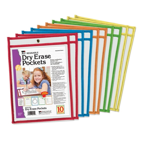 Charles Leonard Dry Erase Pockets, Set of 10 Write & Wipe Pockets, 10-1/4" x 13-1/2", 5 Assorted Primary Colors, 10/Bag (29010)