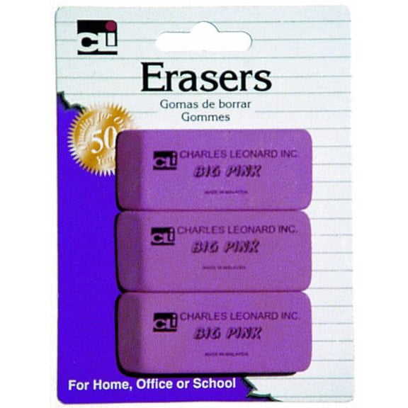 charles leonard pink pencil eraser, 3 count (80793)
