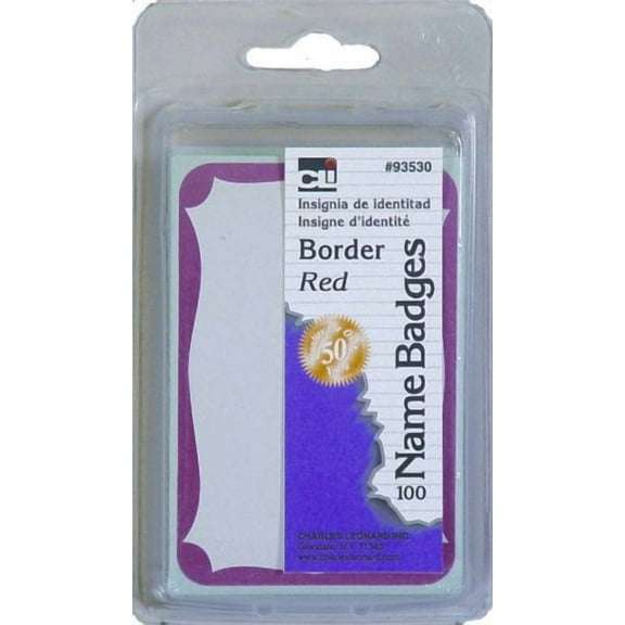 Charles Leonard Labels, Name Badge with Boarder, 3-3/8 x 2-1/4 Inch, Red, 100-Pack (93530)