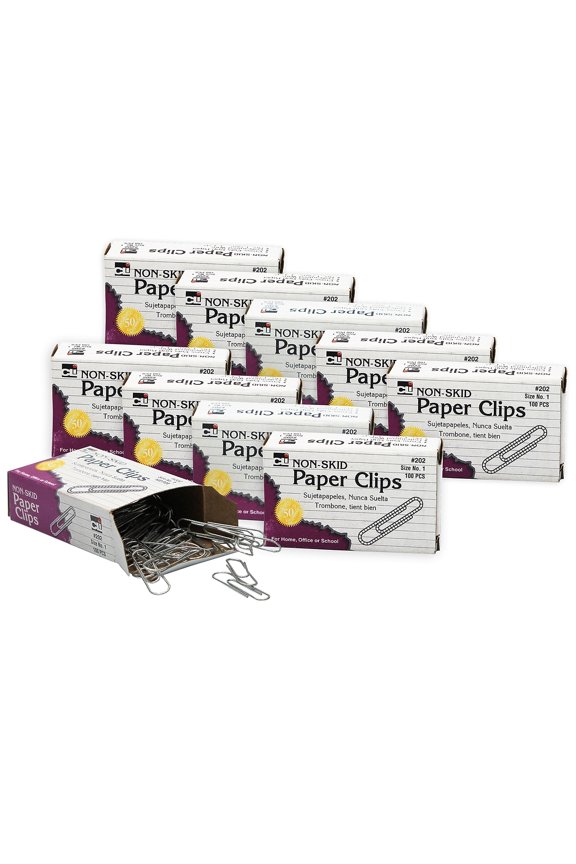 Paper Clips, Non Skid, Size 1, Silver, 10000 Count