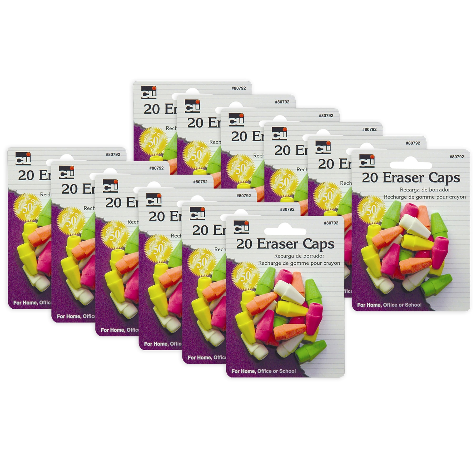Charles Leonard Pencil Eraser Caps, Assorted Neon Colors, 240 Count