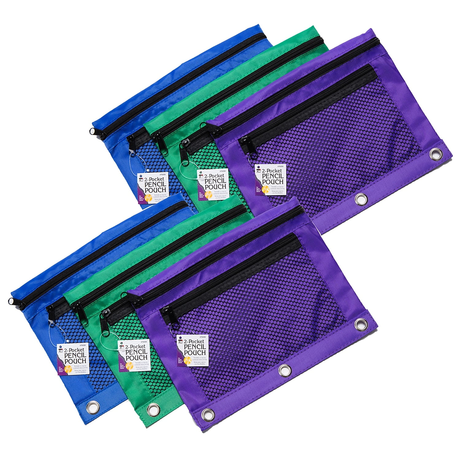 Charles Leonard Pencil Pouch, Two Pocket with Mesh Front, 3 Assorted Colors, 6 Count