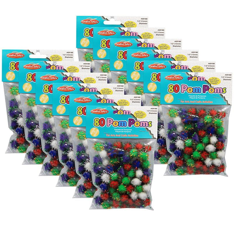 Charles Leonard Pom-Poms 1/2", Assorted Glitter Colors, 80 Per Pack, 12 Packs