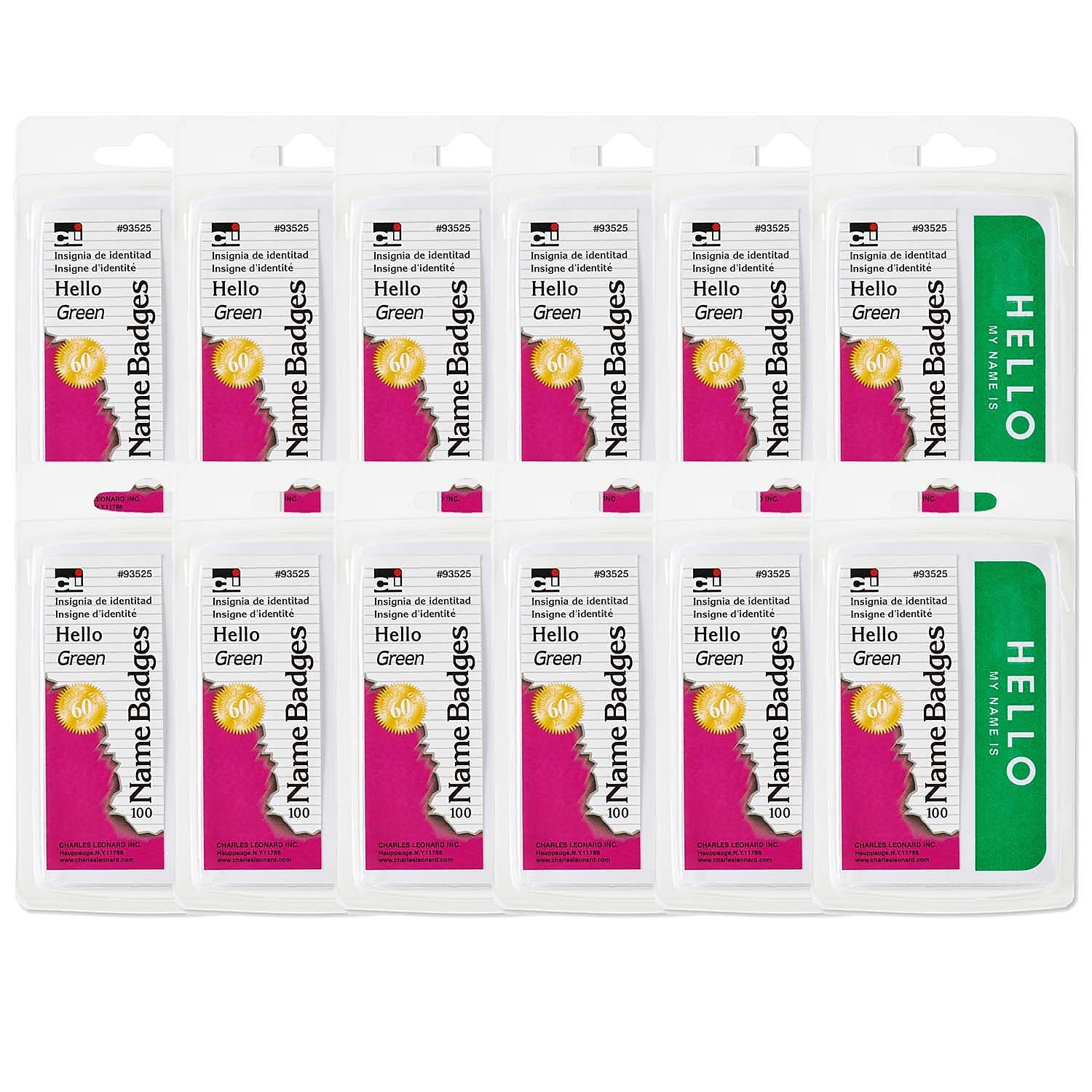 Charles Leonard Self Adhesive Name Badges, Hello, Green, 1200 Count