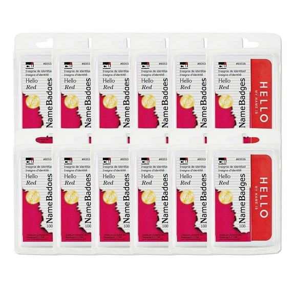 Charles Leonard Self Adhesive Name Badges, Hello, Red, 1200 Count