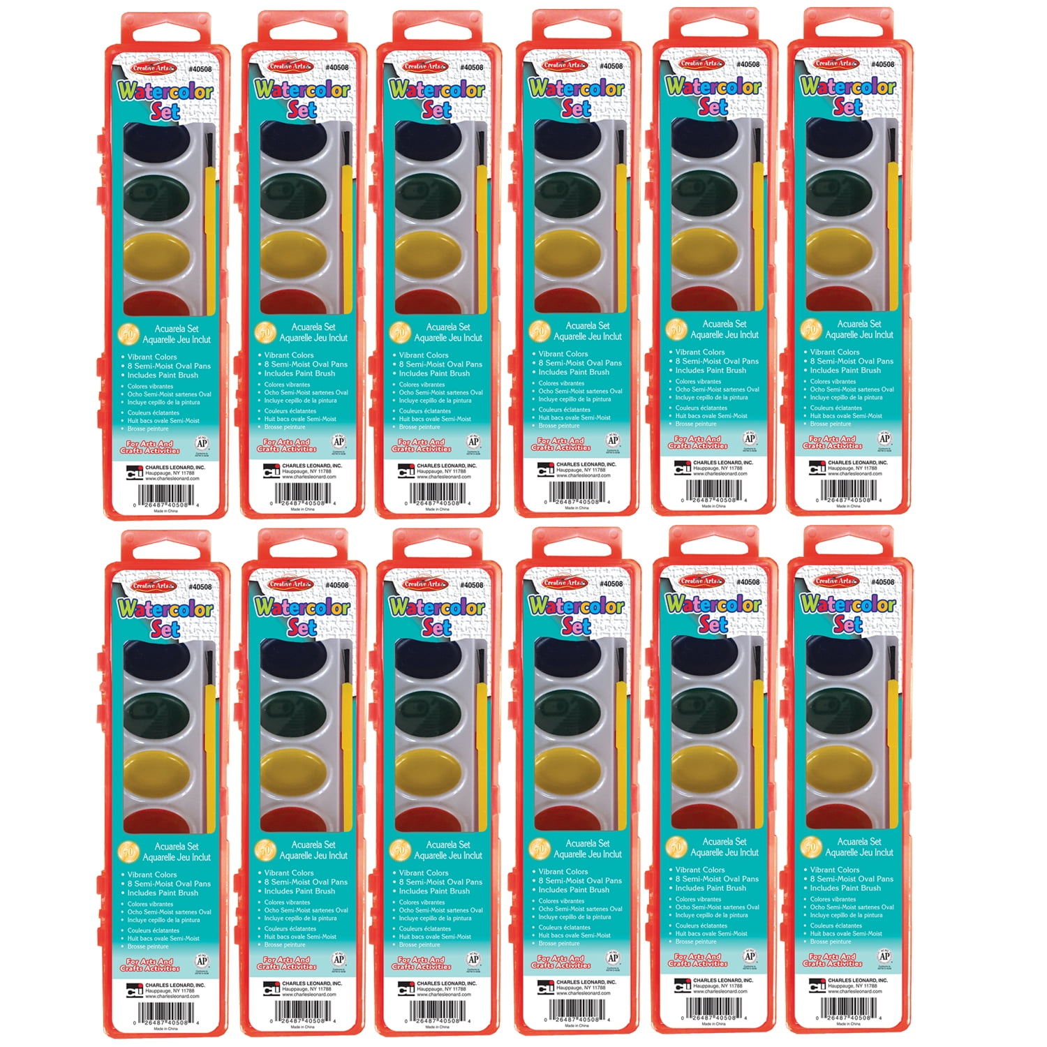 Charles Leonard Semi-Moist Watercolor Paint Set, Oval Pan with Brush, 8 Assorted Colors, 12 Sets