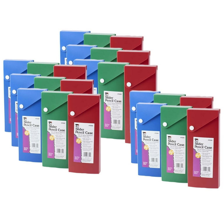Charles Leonard Slider Pencil Case Box with Slide Out Tray and Snap Closure Assorted Colors 24 Count