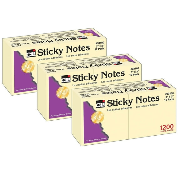 Charles Leonard Sticky Notes, 3 Inch x 3 Inch, 100 Sheets Per Pad, Yellow, 36 Count