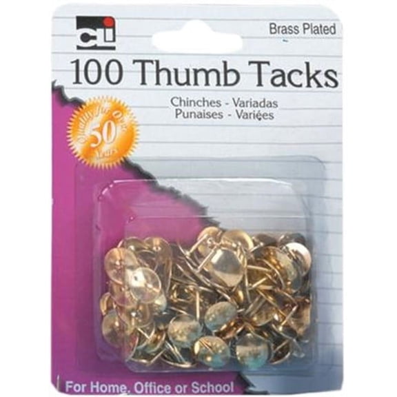 Charles Leonard Thumb Tacks - 3/8" Solid HEachd - Brass Plated - 100/Card 80938
