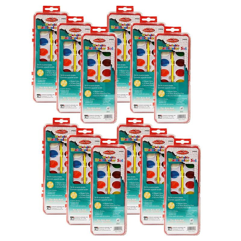 Charles Leonard Washable Water Color Set, Oval Pan w/Brush, 16 Assorted Colors, 12 Sets