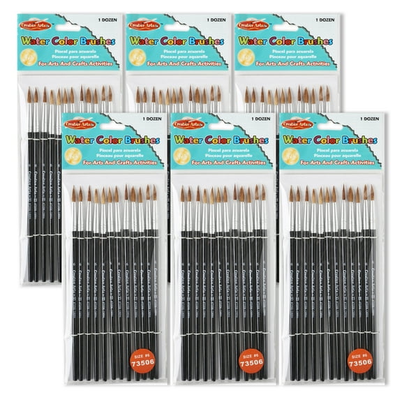 Charles Leonard Water Color Paint Brushes with Round Pointed Tip, # 6, 11/16", Camel Hair, Black Handle, 12 Per Pack, 6 Packs