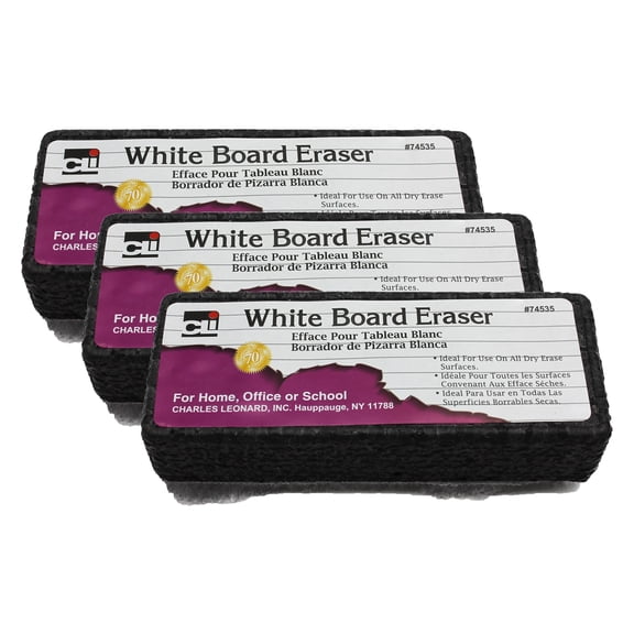 Charles Leonard Whiteboard Eraser, Felt/Foam, Gray & Black, Pack of 3