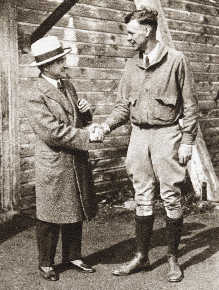 Charles Lindbergh (Right) Being Welcomed On His Arrival In Paris In 1927 By French Aviator Rene Fonck Charles Augustus Lindbergh 1902 Canvas Art - Ken Welsh  Design Pics (26 x 34)