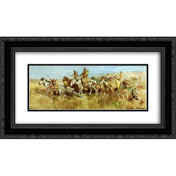 Charles M. Russell 2x Matted 24x14 Black Ornate Framed Art Print 'Indian Women Moving Camp '