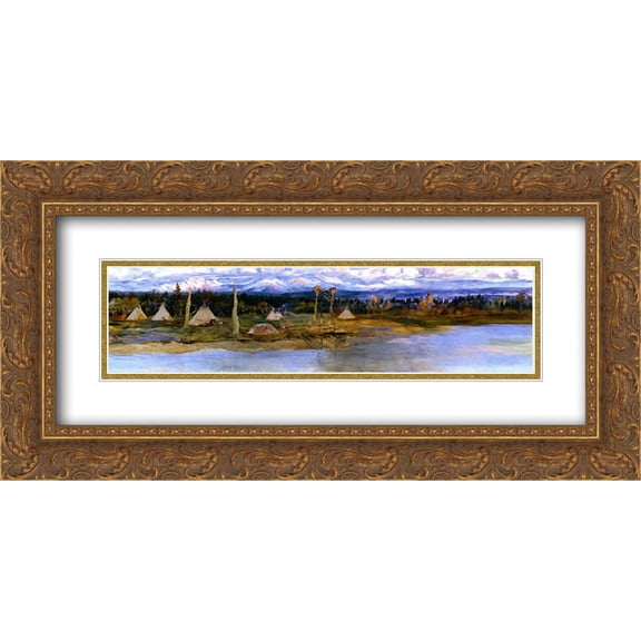 Charles M. Russell 2x Matted 24x14 Gold Ornate Framed Art Print 'Kootenai Camp on Swan Lake (unfinished) '