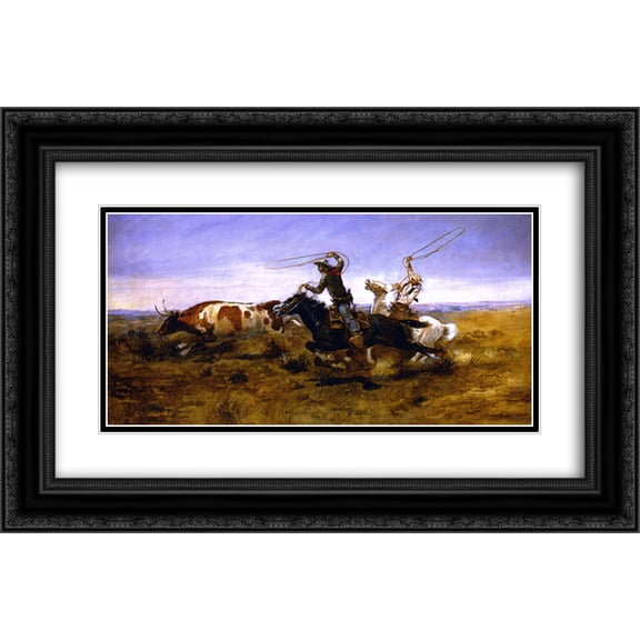 Charles M. Russell 2x Matted 24x16 Black Ornate Framed Art Print 'OH Cowboys Roping a Steer '