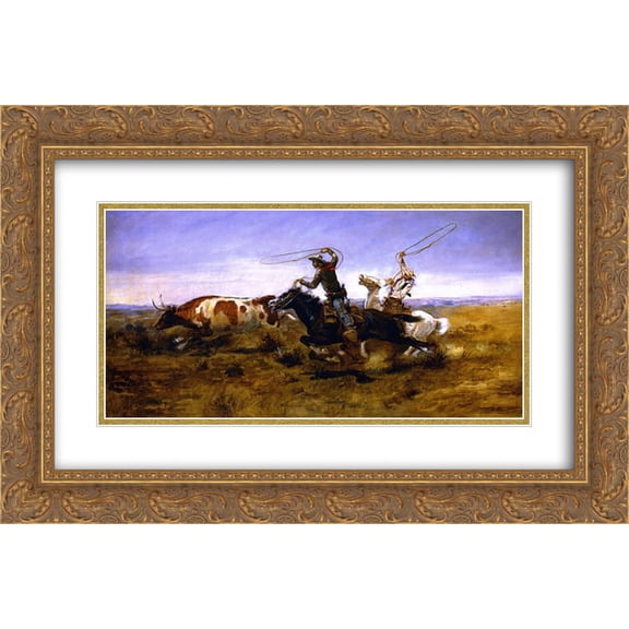 Charles M. Russell 2x Matted 24x16 Gold Ornate Framed Art Print 'OH Cowboys Roping a Steer '