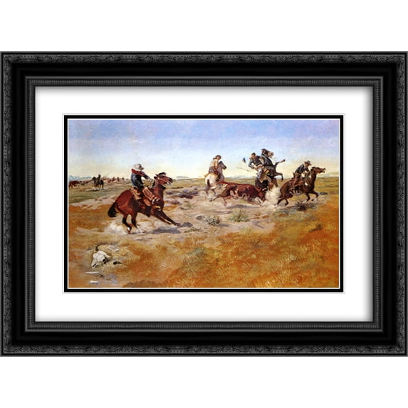 Charles M. Russell 2x Matted 24x18 Black Ornate Framed Art Print 'The Judith Basin Roundup '