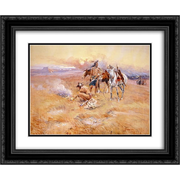 Charles M. Russell 2x Matted 24x20 Black Ornate Framed Art Print 'Blackfeet Burning Crow Buffalo Range '