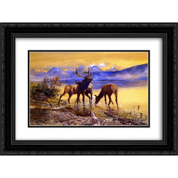 Charles M. Russell 2x Matted 24x20 Black Ornate Framed Art Print 'Elk in Lake McDonald '