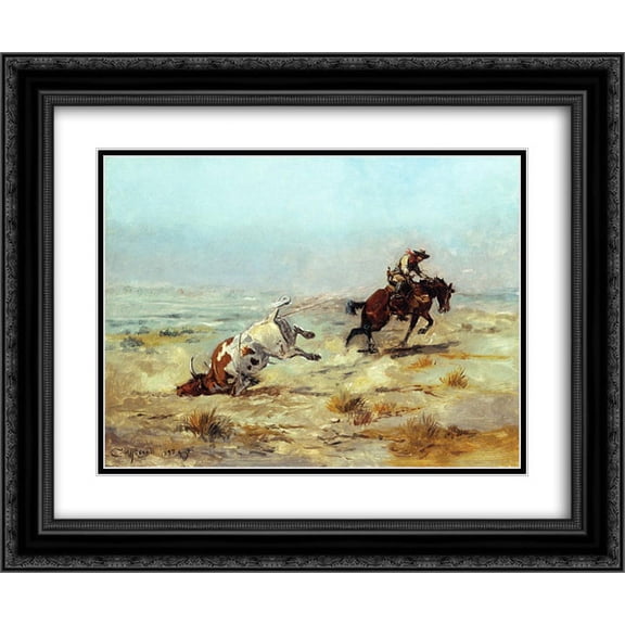 Charles M. Russell 2x Matted 24x20 Black Ornate Framed Art Print 'Lassoing a Steer '
