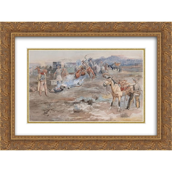 Charles M. Russell 2x Matted 24x20 Gold Ornate Framed Art Print 'Kickover of Morning Coffee Pot '