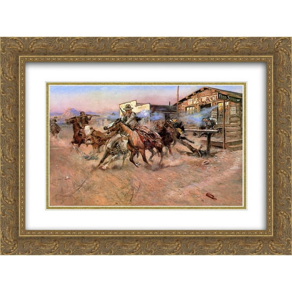 Charles M. Russell 2x Matted 24x20 Gold Ornate Framed Art Print 'Smoke of a #45 '