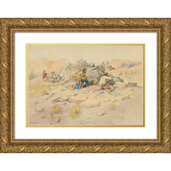 Charles Marion Russell 18x14 Gold Ornate Wood Frame and Double Matted Museum Art Print Titled - Indians Stalking Elk (1897)