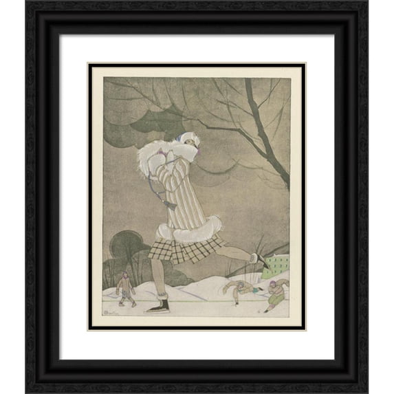 Charles Martin 12x14 Black Ornate Wood Framed Double Matted Museum Art Print Titled: La Belle De Chamonix; Hermine and White Fox Jacket, Max-A. Leroy (1924)