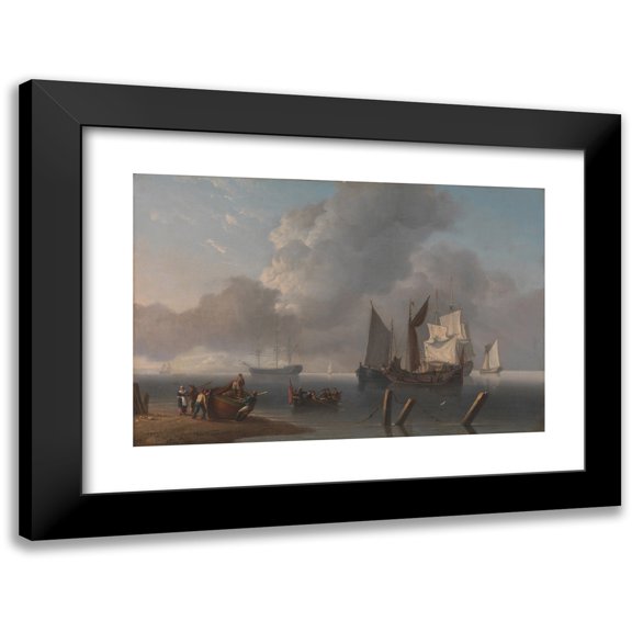 Charles Martin Powell 18x13 Black Modern Framed Museum Art Print Titled - Warships Lying Offshore, the Commanding Admiral Being Rowed Out to Join the Flagship, Her Sails Illu