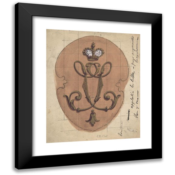 Charles Monblond 12x14 Black Modern Framed Museum Art Print Titled - Design for a Monogram Surmounted by a Crown (19th Century)