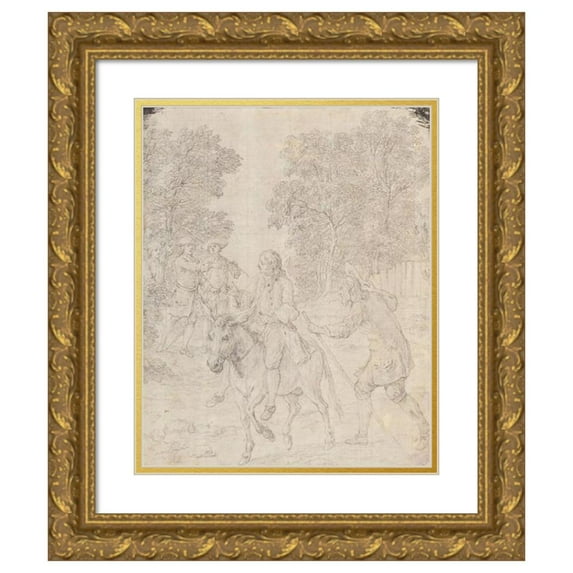 Charles-Nicolas Cochin 20x24 Gold Ornate Framed and Double Matted Museum Art Print Titled - The Miller, His Son and the Donkey, After Oudry's the Fables of La Fontaine (1755-1759)