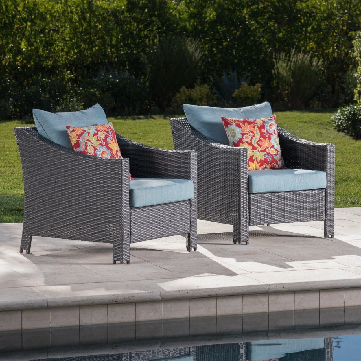 Charles Gray Wicker Outdoor Club Chairs with Teal Cushions (Set of 2)