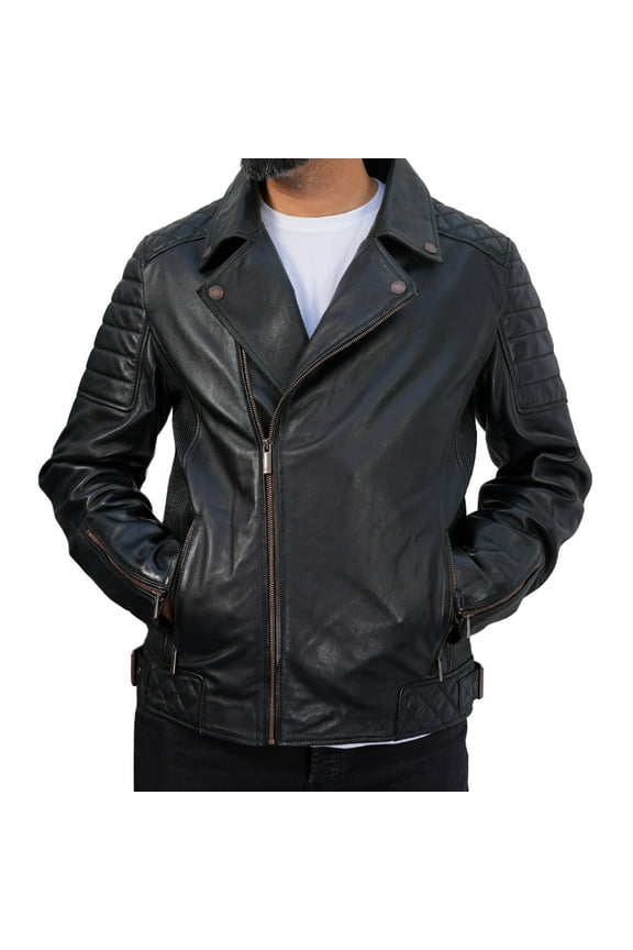 Black Biker Leather Jacket Men Real Lambskin Lightweight Outerwear
