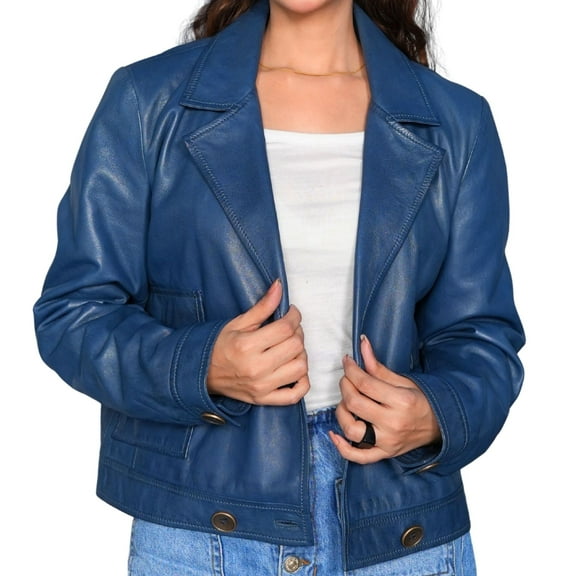 Genuine Lambskin Women Blue Lightweight Cropped Button Up Leather Formal Jacket