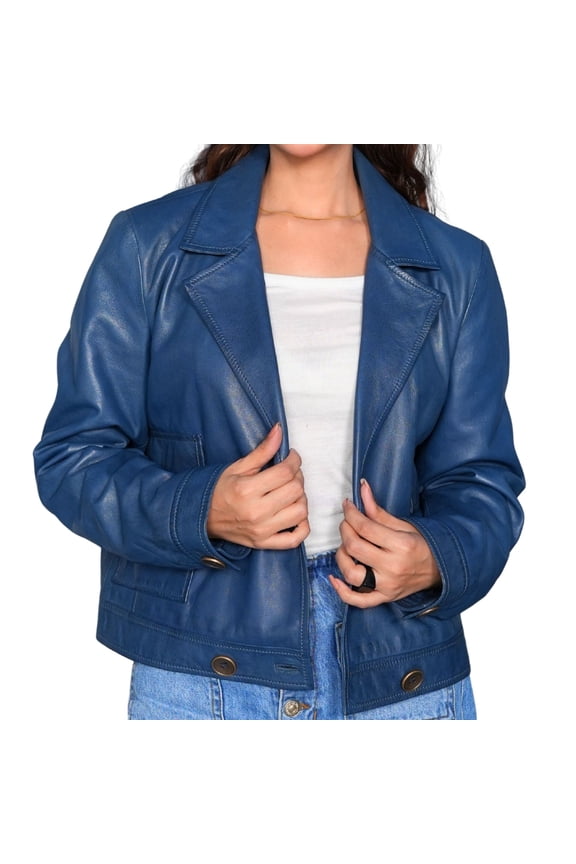 Genuine Lambskin Women Blue Lightweight Cropped Button Up Leather Formal Jacket
