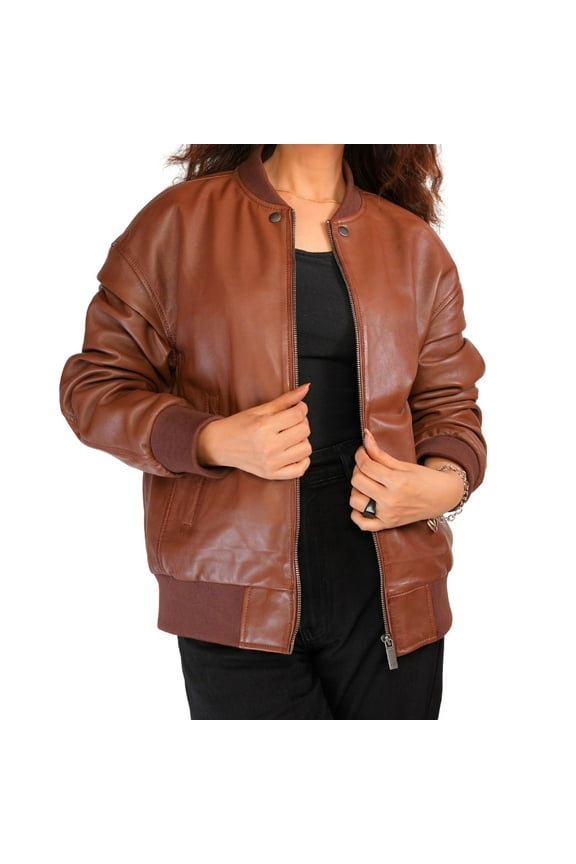 Handmade Lambskin Brown Leather Bomber Jacket Women