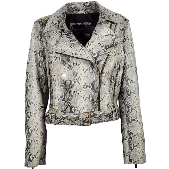 Charles Pearson Women's Gray Snakeskin Python Genuine Leather Biker Moto Jacket (Regular Fit)