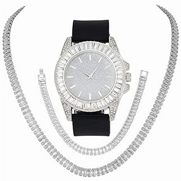 Charles Raymond Baguette Cut Crystal Blinged Out Mens Wristwatch & Iced Out Necklace & Bracelet - Reasonable Doubt This is The Timepiece & Jewerly to Flaunt The Wealth -ST10372NB Blk Rubber SLV, 16"