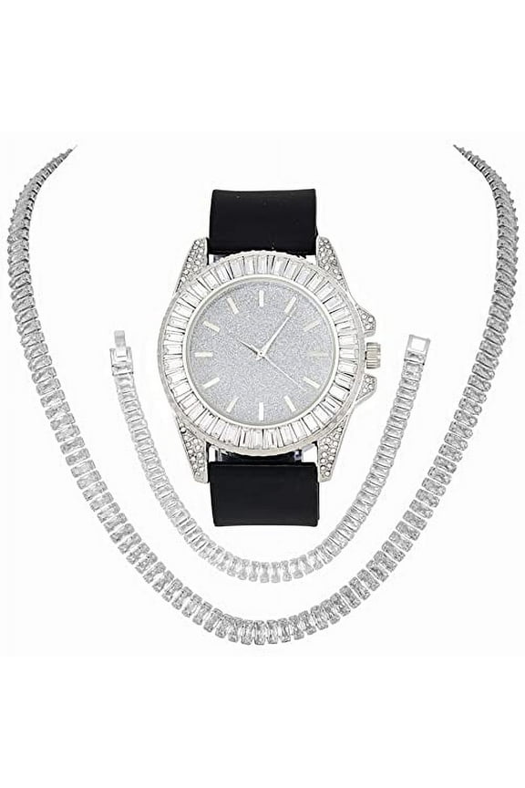 Baguette Cut Crystal Blinged Out Mens Wristwatch & Iced Out Necklace & Bracelet - Reasonable Doubt This is The Timepiece & Jewerly to Flaunt The Wealth -ST10372NB Blk Rubber SLV, 16"
