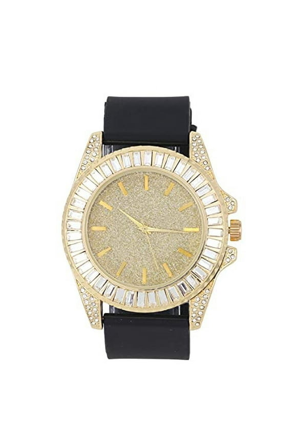 Baguette Cut Diamond Crystal Blinged Out Mens Hip Hop Iced Out Wristwatch - No Reasonable Doubt This is The Timepiece to Flaunt The Wealth - ST10372 (Black Rubber Gold)