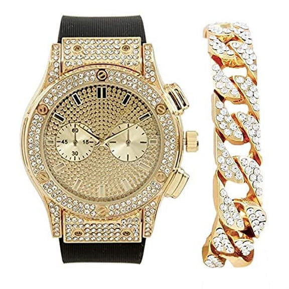 Charles Raymond Big Bling Watch Inspired by Hip Hop - Mens Iced Out Timepiece - Faux Chrono Eyes - Diamond Rhinestones on Blast - ST10311 (Gold Rubber Cuban)