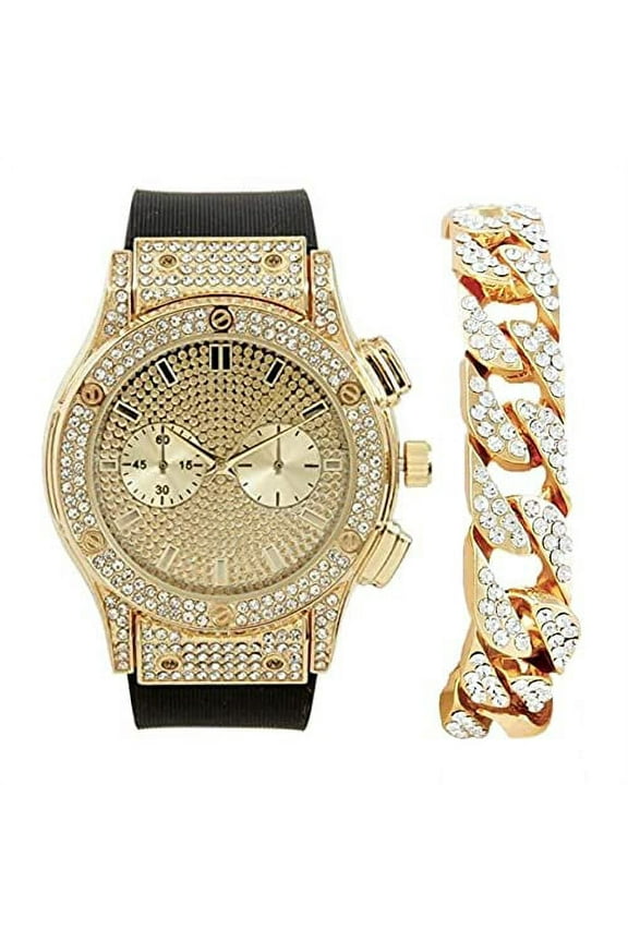 Big Bling Watch Inspired by Hip Hop - Mens Iced Out Timepiece - Faux Chrono Eyes - Diamond Rhinestones on Blast - ST10311 (Gold Rubber Cuban)